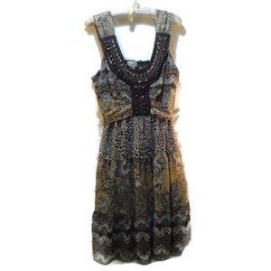 Beaded Mixed-Print Sleeveless Dress - Black/Beige